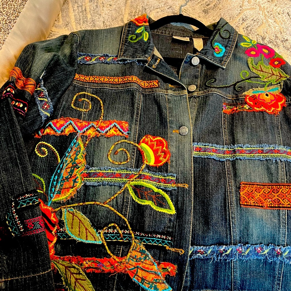 Chico's Embroidered Dark Blue Denim Jacket with Multicolor Floral Accents